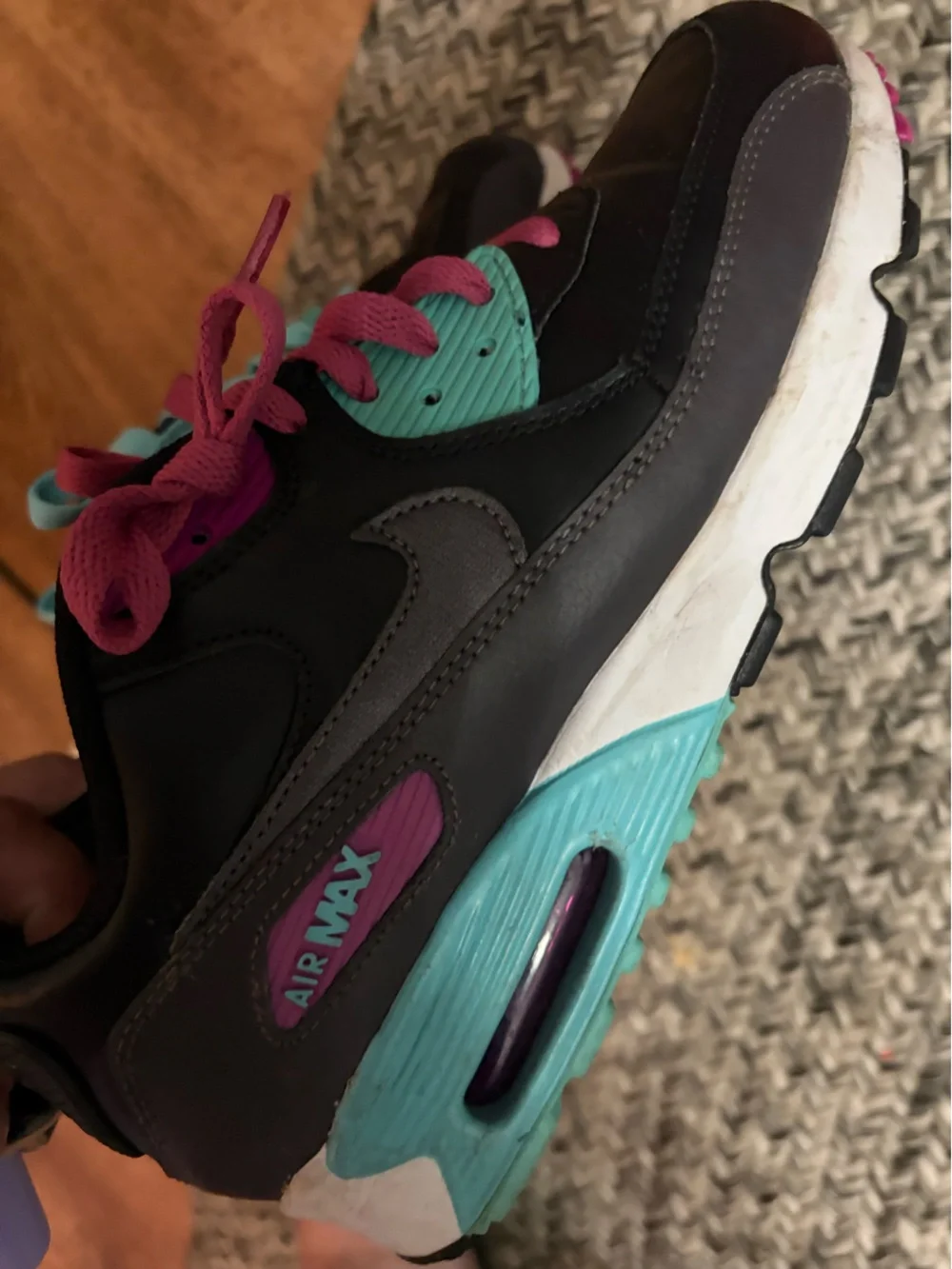 Nike air max 90s size 7 youth Black Sneakers with Pink and Light Blue Laces